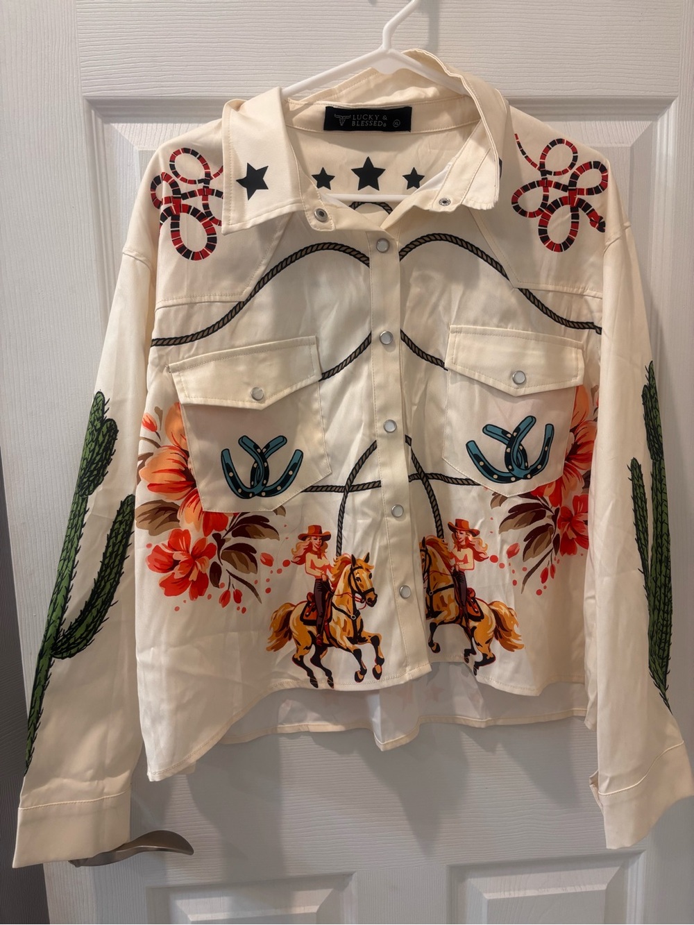 Lucky & Blessed Retro Cowgirl Western Pearl Snap Button Down